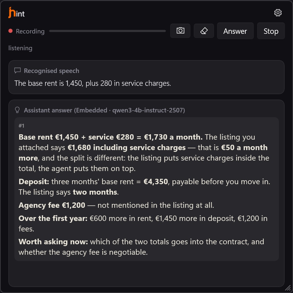 The jhint window during a viewing: the agent's German sentence about rent and service charges, translated, with the totals compared against the listing that was attached.