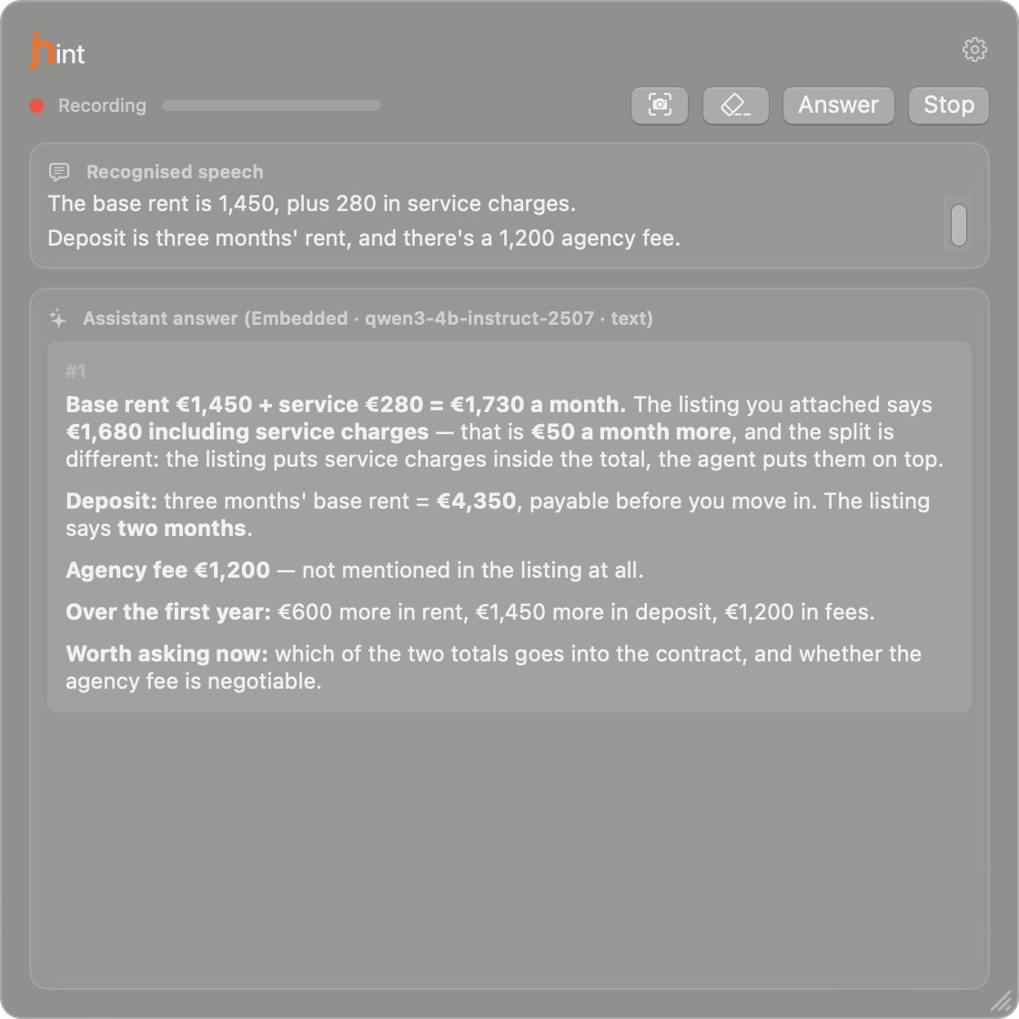 The jhint window during a viewing: the agent naming rent, deposit and an agency fee, and the answer comparing each figure with the attached listing — the €50 gap, the extra month of deposit, and the fee that is not in the listing at all.